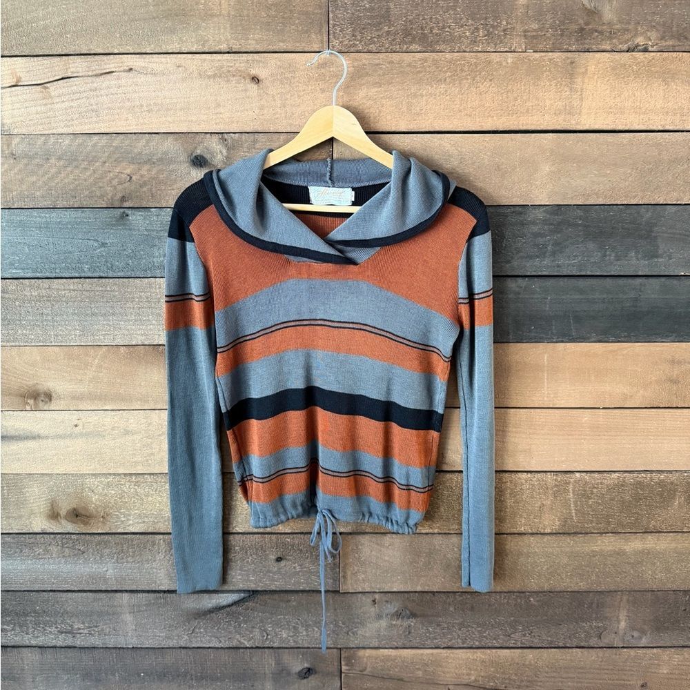 Vintage 70s 80s Striped Knit Hoodie Rust Gray Drawstring Hem